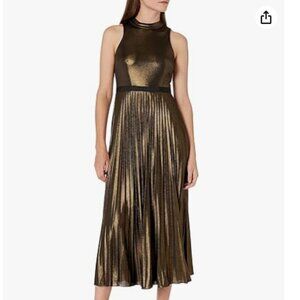 Donna Morgan Stretch Foil Pleated Halter Dress Liquid Gold Metallic Size 0 XS